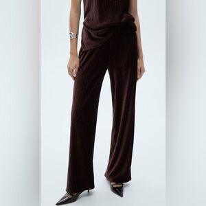 Mango Dark Brown Crinkle Velvet Pants/Straight Fit-  Size M